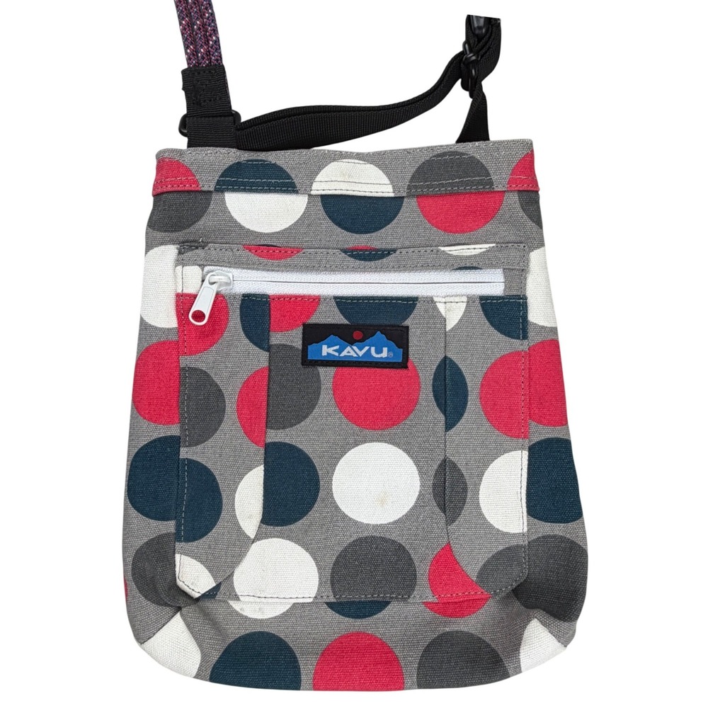KAVU Keeper Crossbody Bag Grey Red Polka Dot Canvas Rope Strap Travel Purse - Picture 2 of 9